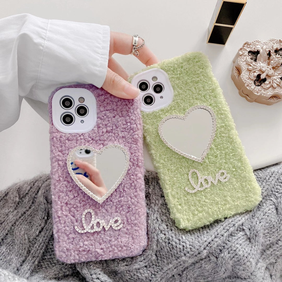 Love heart mirror plush phone case