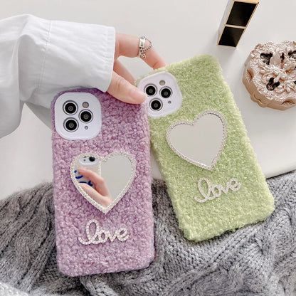 Love heart mirror plush phone case