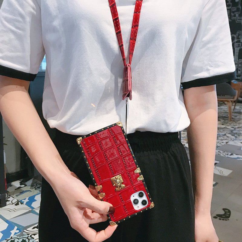 Square crocodile leather lanyard phone case