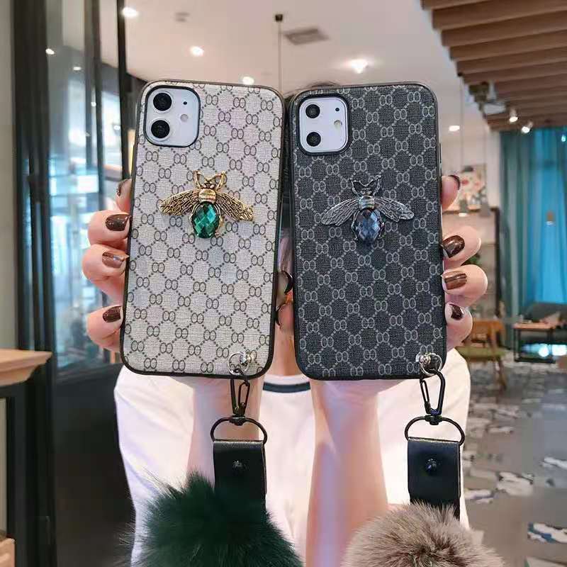 Rhinestone bee hair ball lanyard phone case