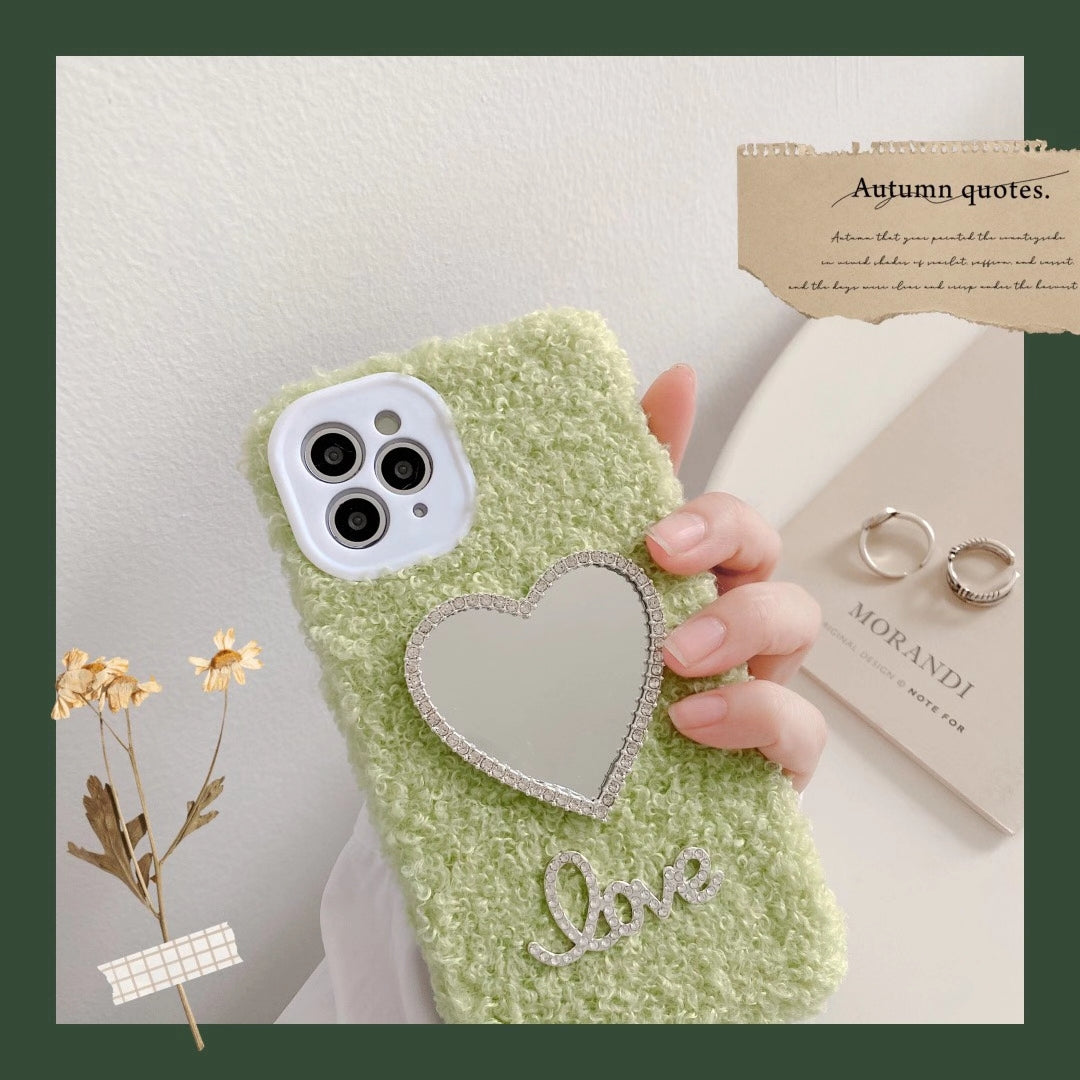 Love heart mirror plush phone case
