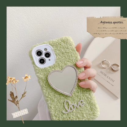 Love heart mirror plush phone case