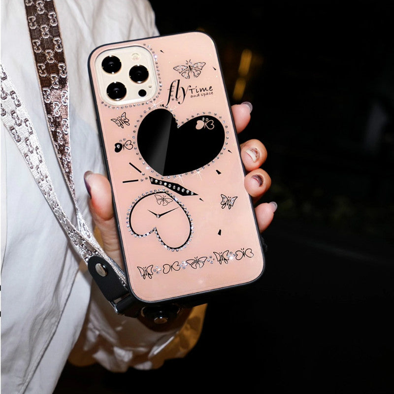 Love heart mirror lanyard phone case
