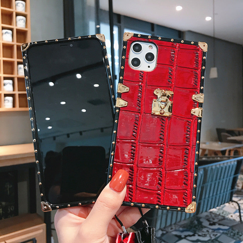 Square crocodile leather lanyard phone case