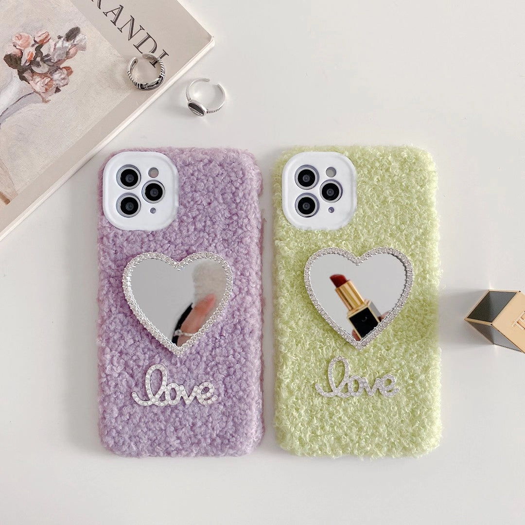 Love heart mirror plush phone case
