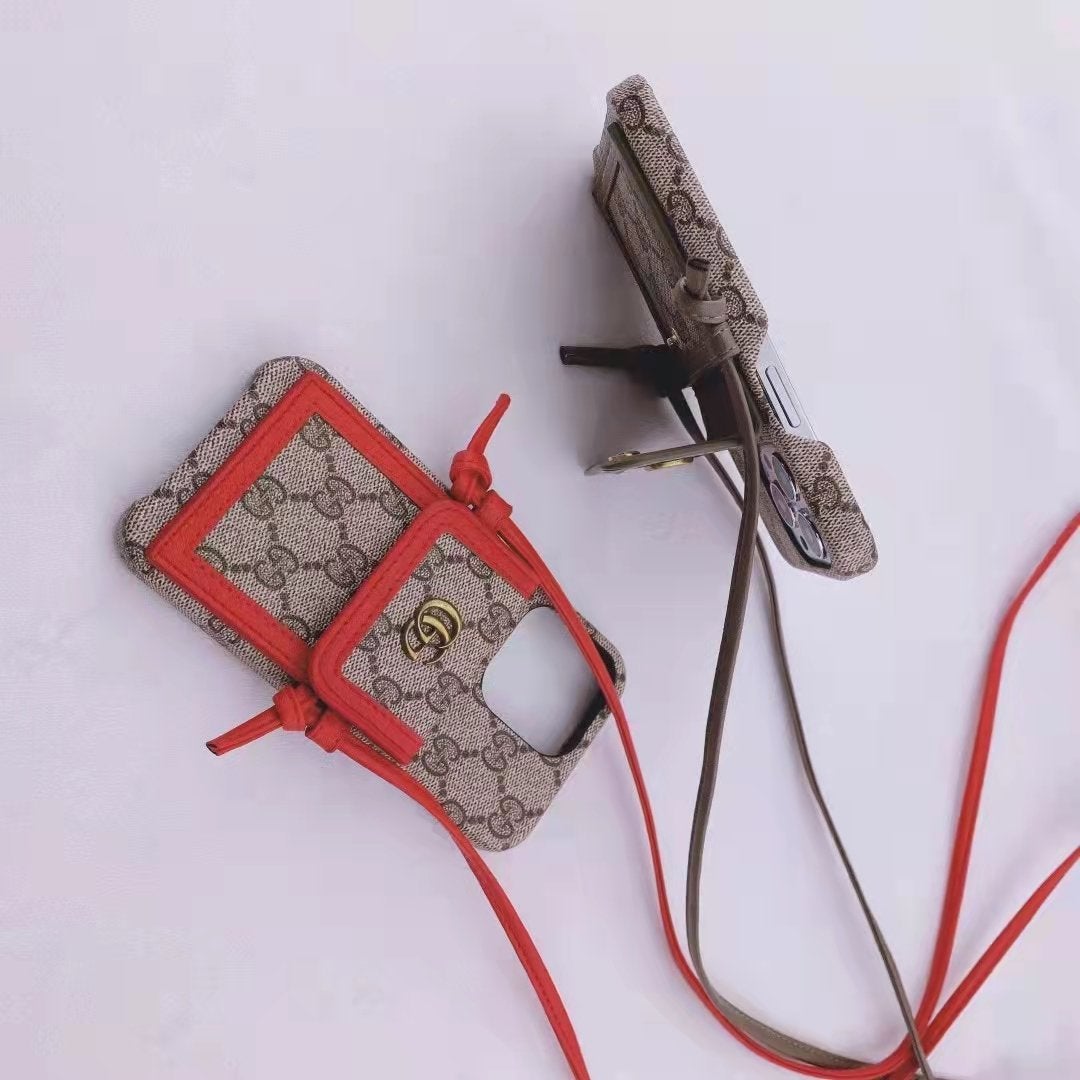 Leather cord crossbody lanyard card phone case for iPhone
