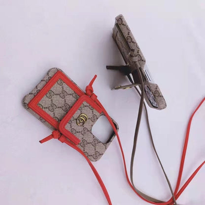 Leather cord crossbody lanyard card phone case for iPhone