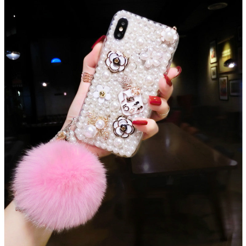 Luxury rhinestone pearl hair ball phone case