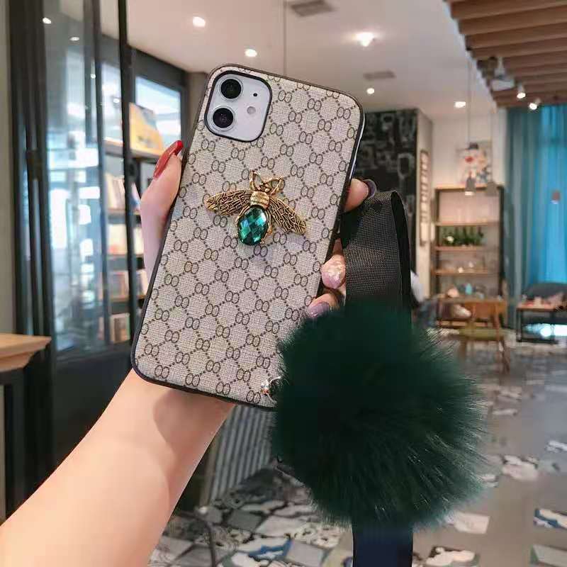 Rhinestone bee hair ball lanyard phone case