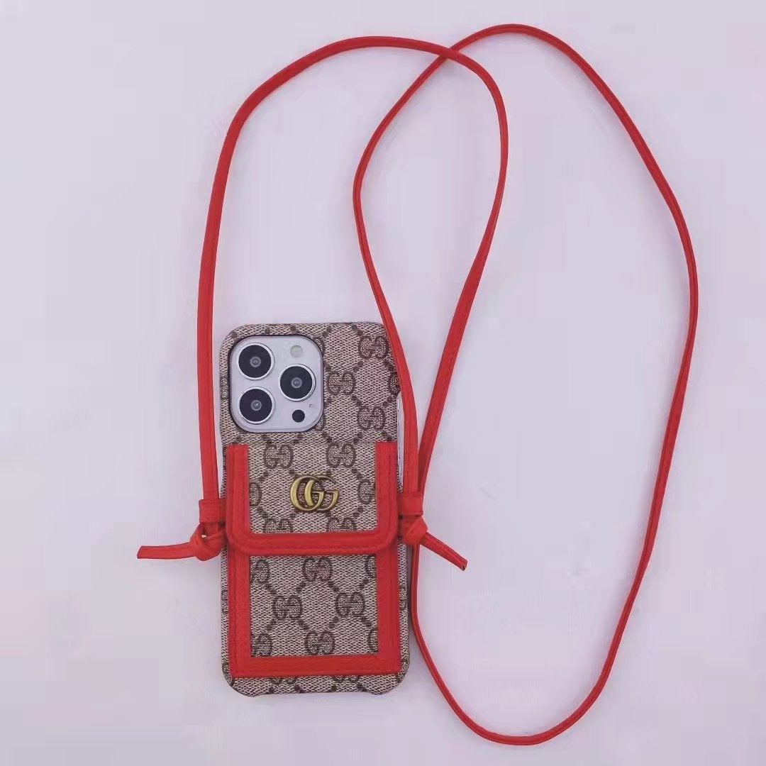 Leather cord crossbody lanyard card phone case for iPhone