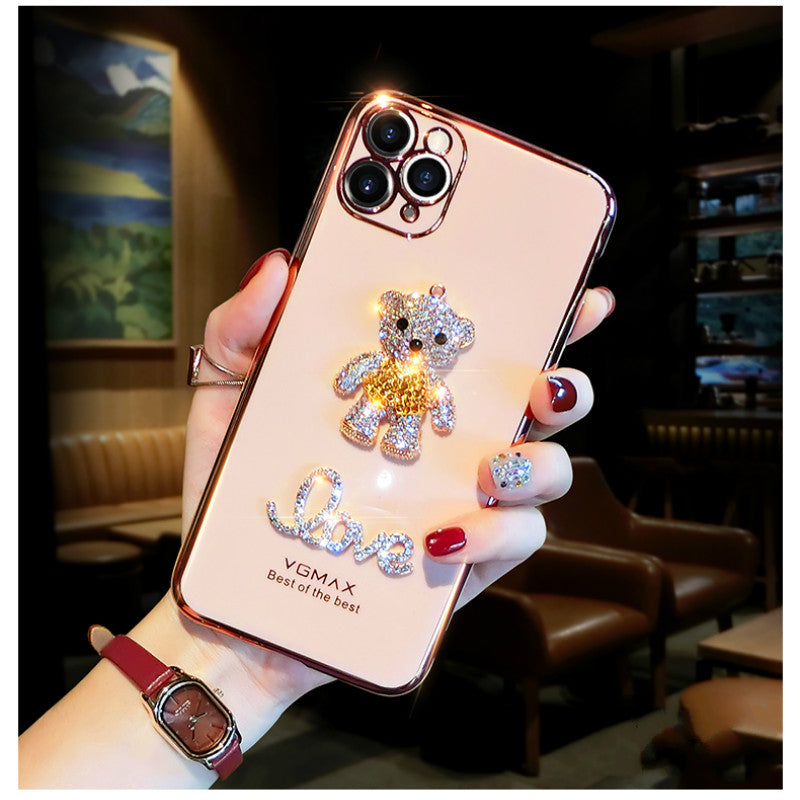 Diamond-studded bear electroplating phone case