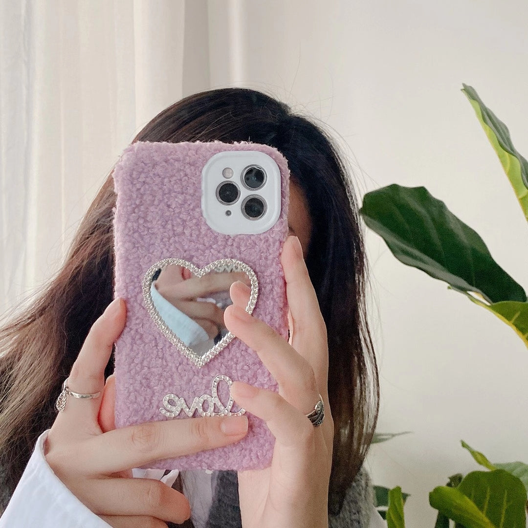 Love heart mirror plush phone case