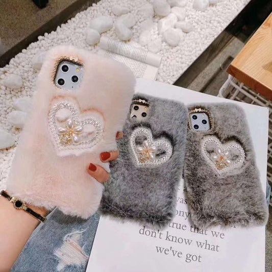Pearl love heart plush phone case
